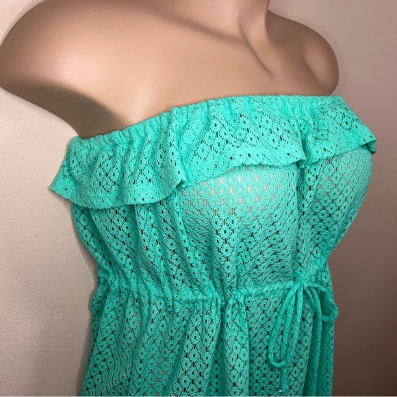 Juniors XL OP Teal Green Lace Strapless Dress Ruffle Swim Cover Vacation Beach - Picture 10 of 15